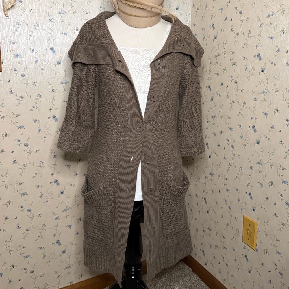 Y2K Chesley button front chunky cowl neck bell sleeve sweater chocolate brown